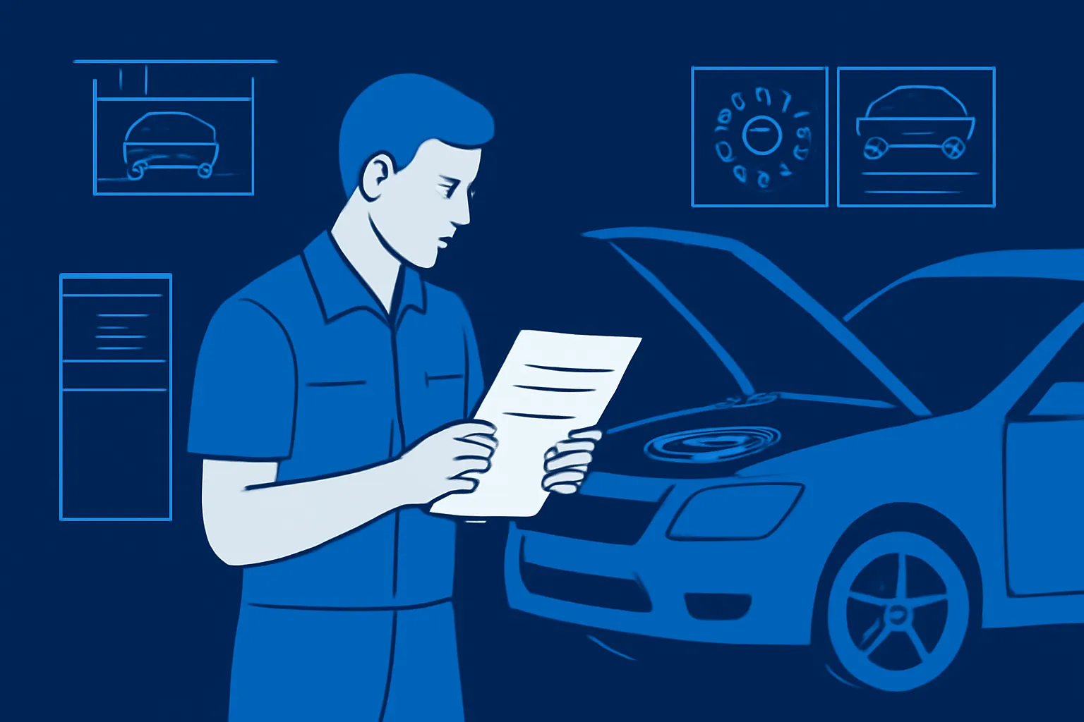 Mechanic comparing a written repair estimate with a car in an Al Quoz workshop