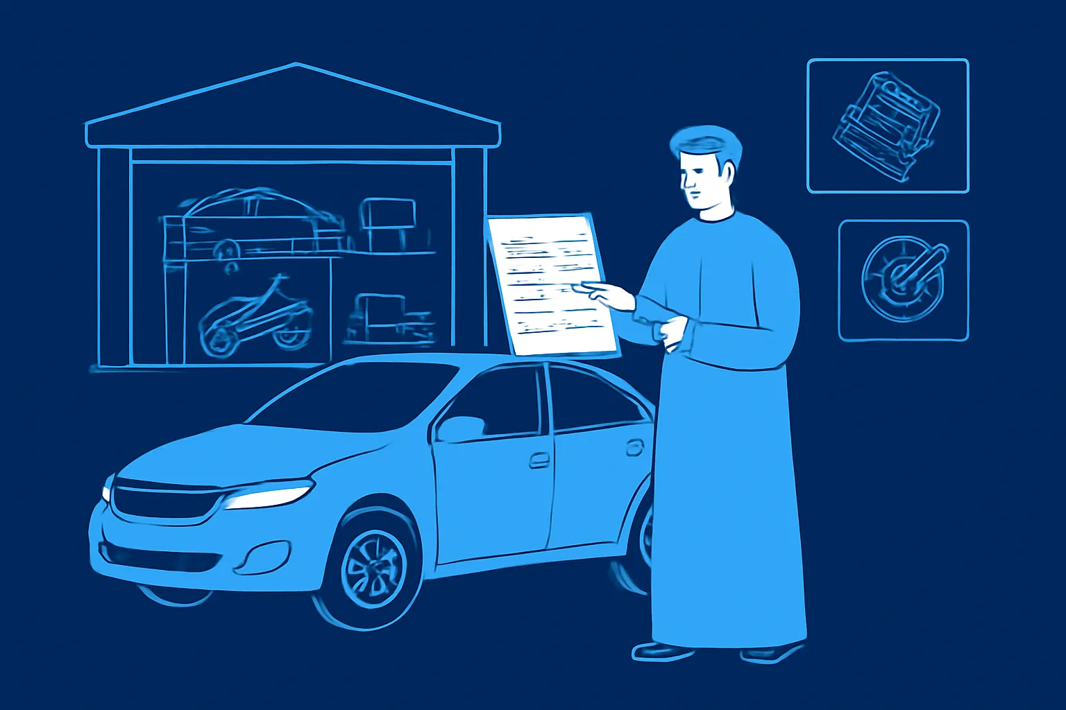 Dubai car owner comparing an independent workshop quote beside a parked vehicle