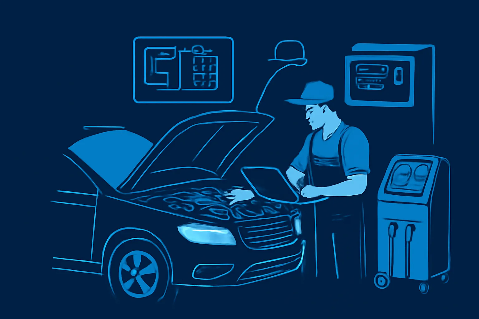 Technician checking car wiring and air conditioning controls in a UAE workshop