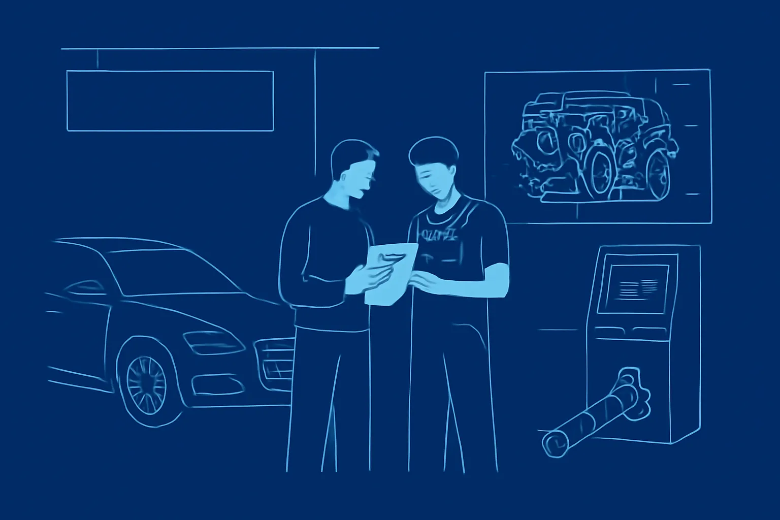 Audi owner reviewing a diagnostic report with a technician inside a UAE specialist garage