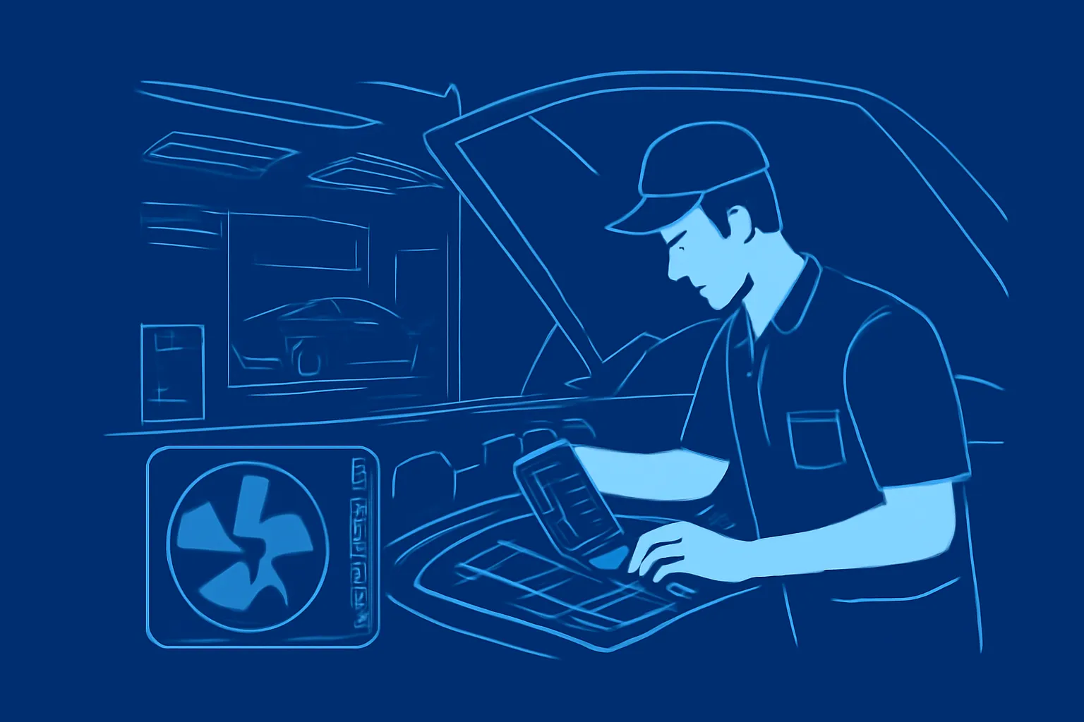 Technician testing a UAE car battery beside an open air-conditioning bonnet
