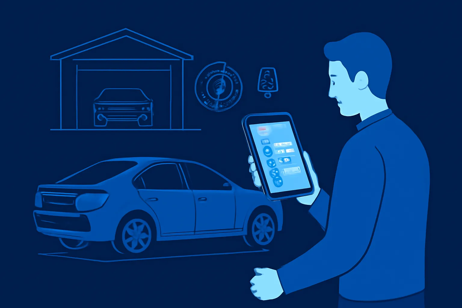 UAE driver comparing garage options on a phone beside a parked car