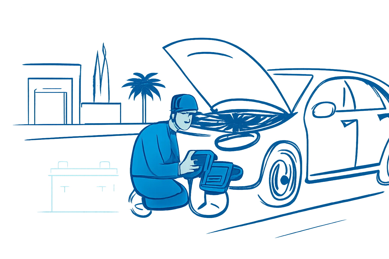 Technician testing a car battery beside a parked vehicle in a UAE car park