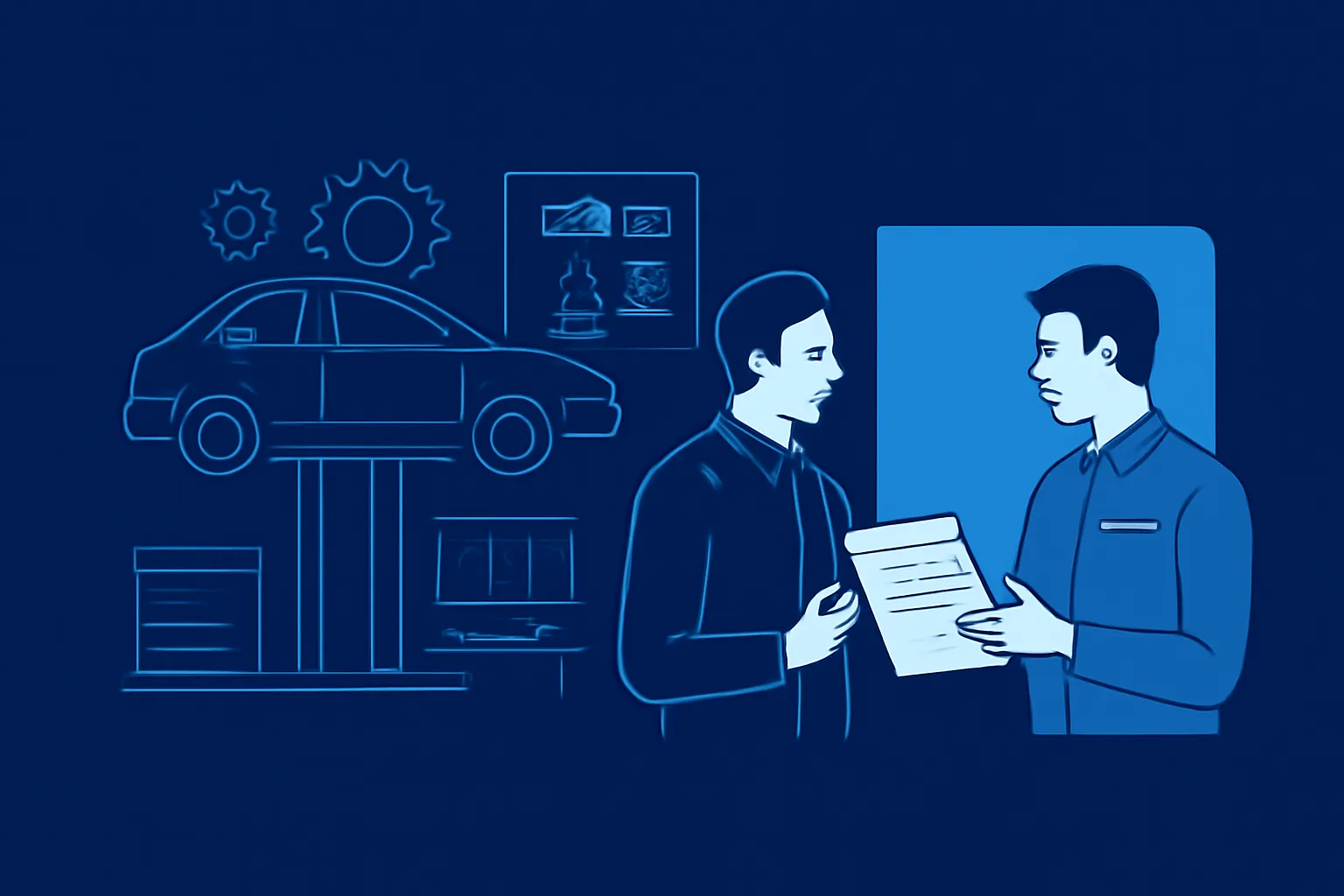 BMW owner reviewing a repair quote with a Dubai garage service adviser