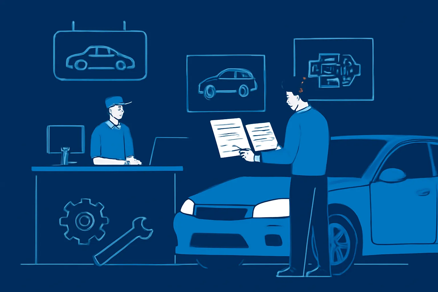 Driver compares repair estimates beside a car at a UAE workshop reception