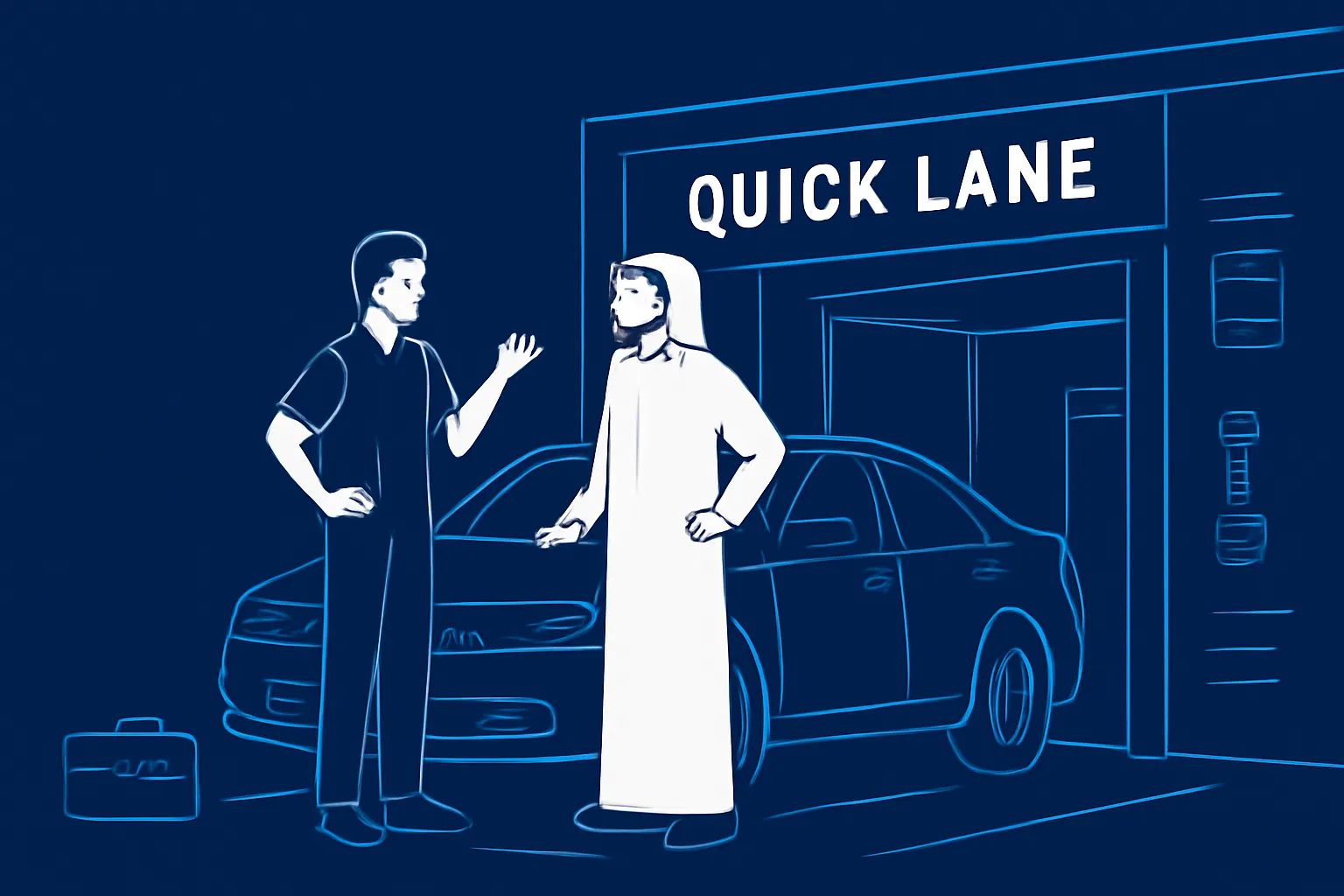UAE driver discussing a quick car inspection beside a garage service bay