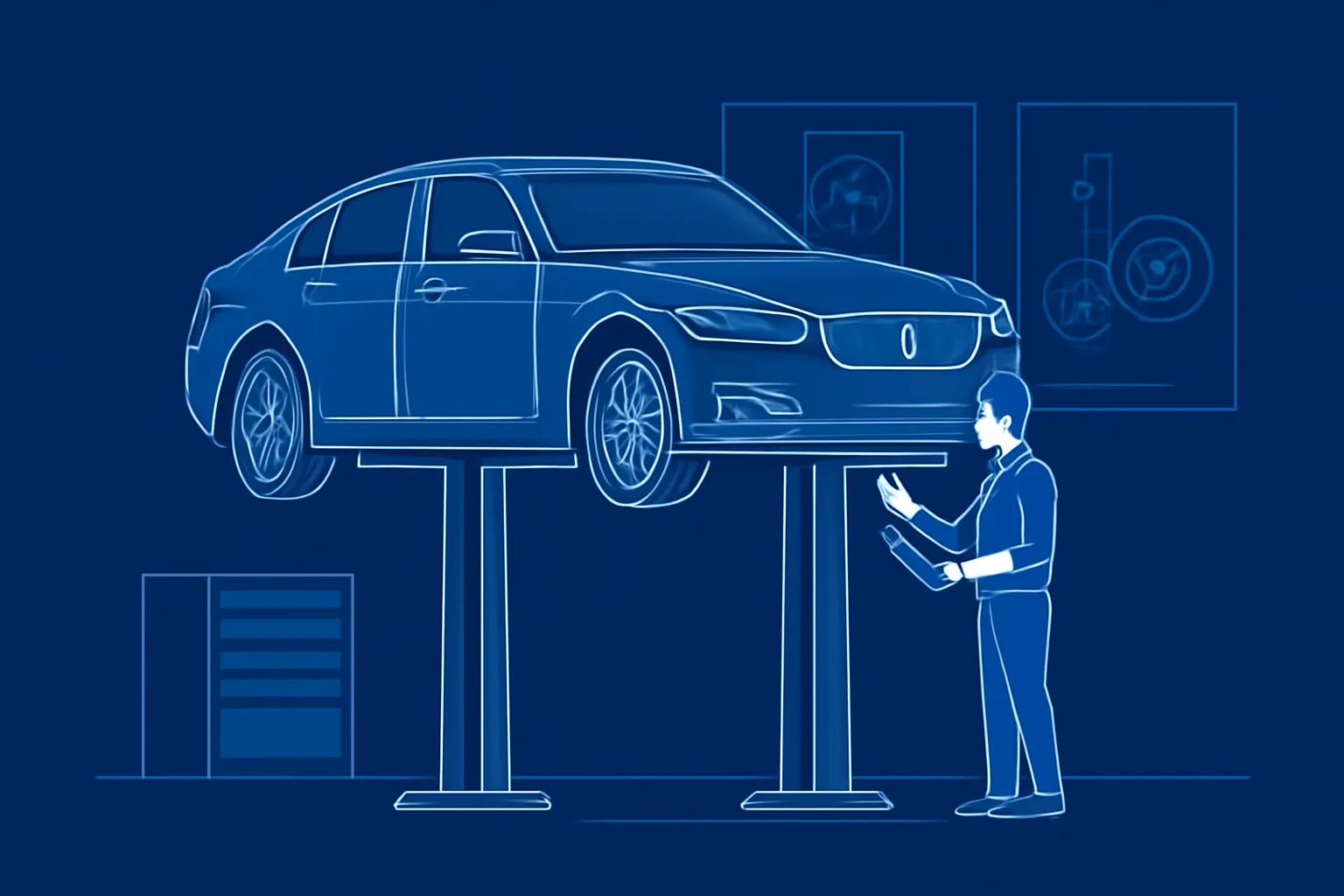 BMW being inspected on a lift by a specialist mechanic in a Dubai workshop