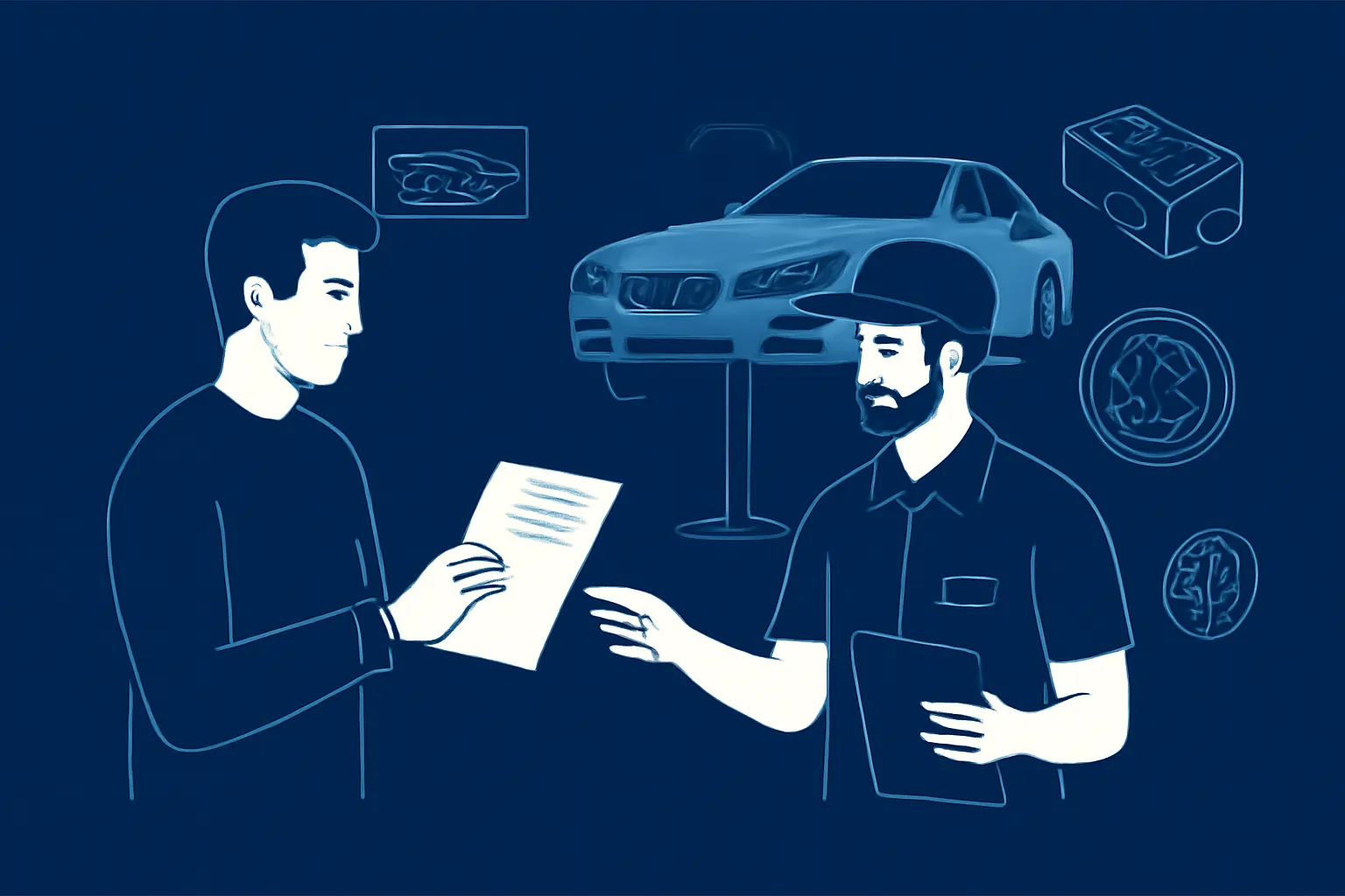 BMW owner reviewing a written repair estimate with a UAE workshop technician