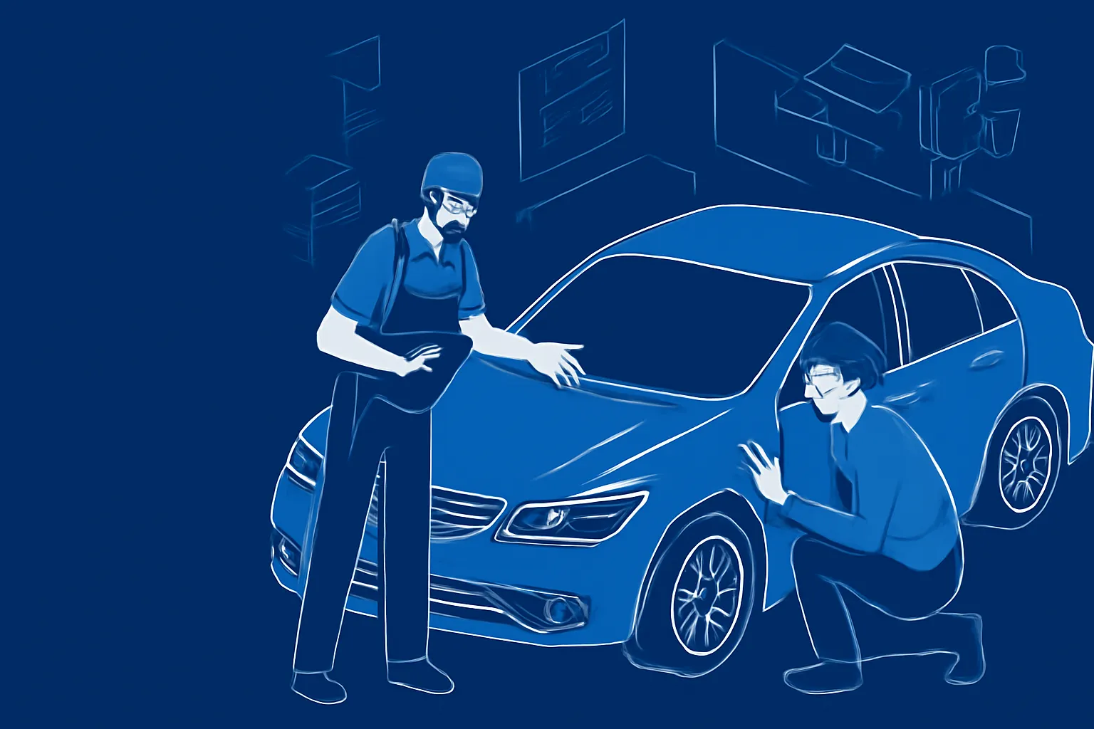 Mechanic and body repair technician inspecting a damaged UAE car together