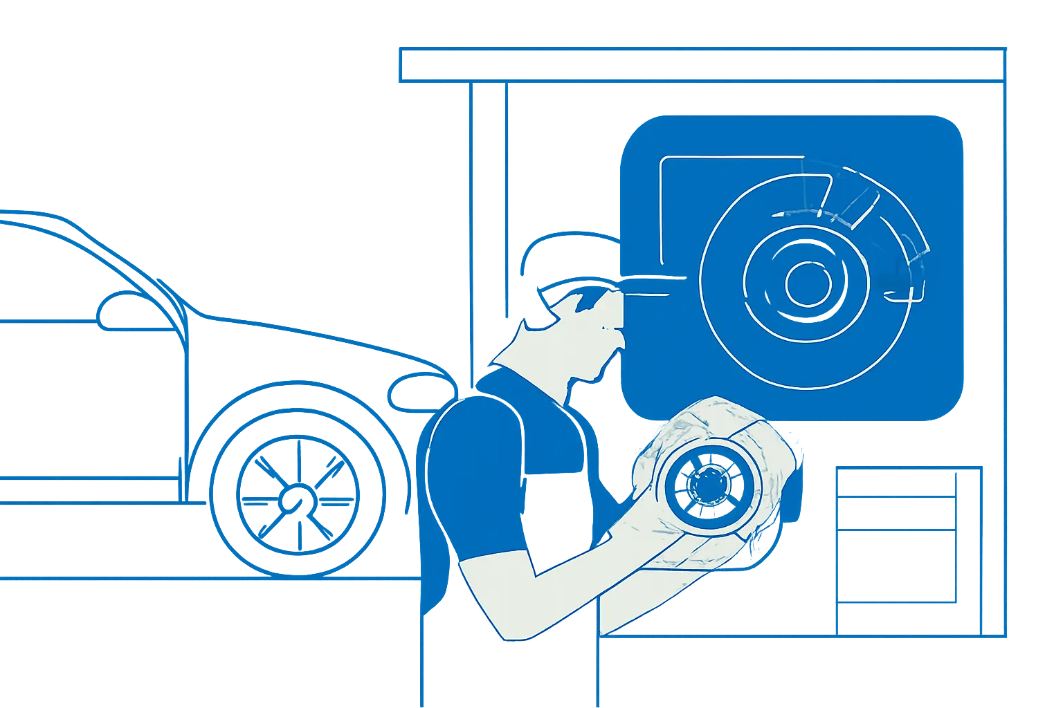 Mechanic inspecting brake pads and discs beside a UAE car in a workshop
