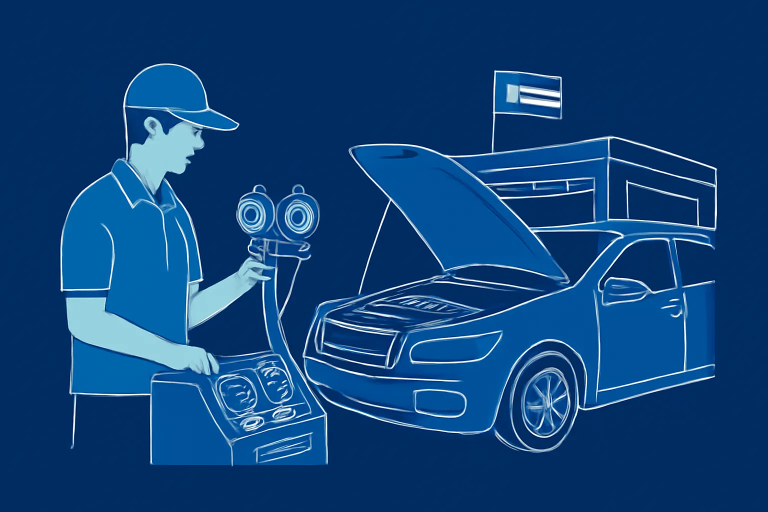 Technician testing a car air conditioning system beside an independent UAE workshop