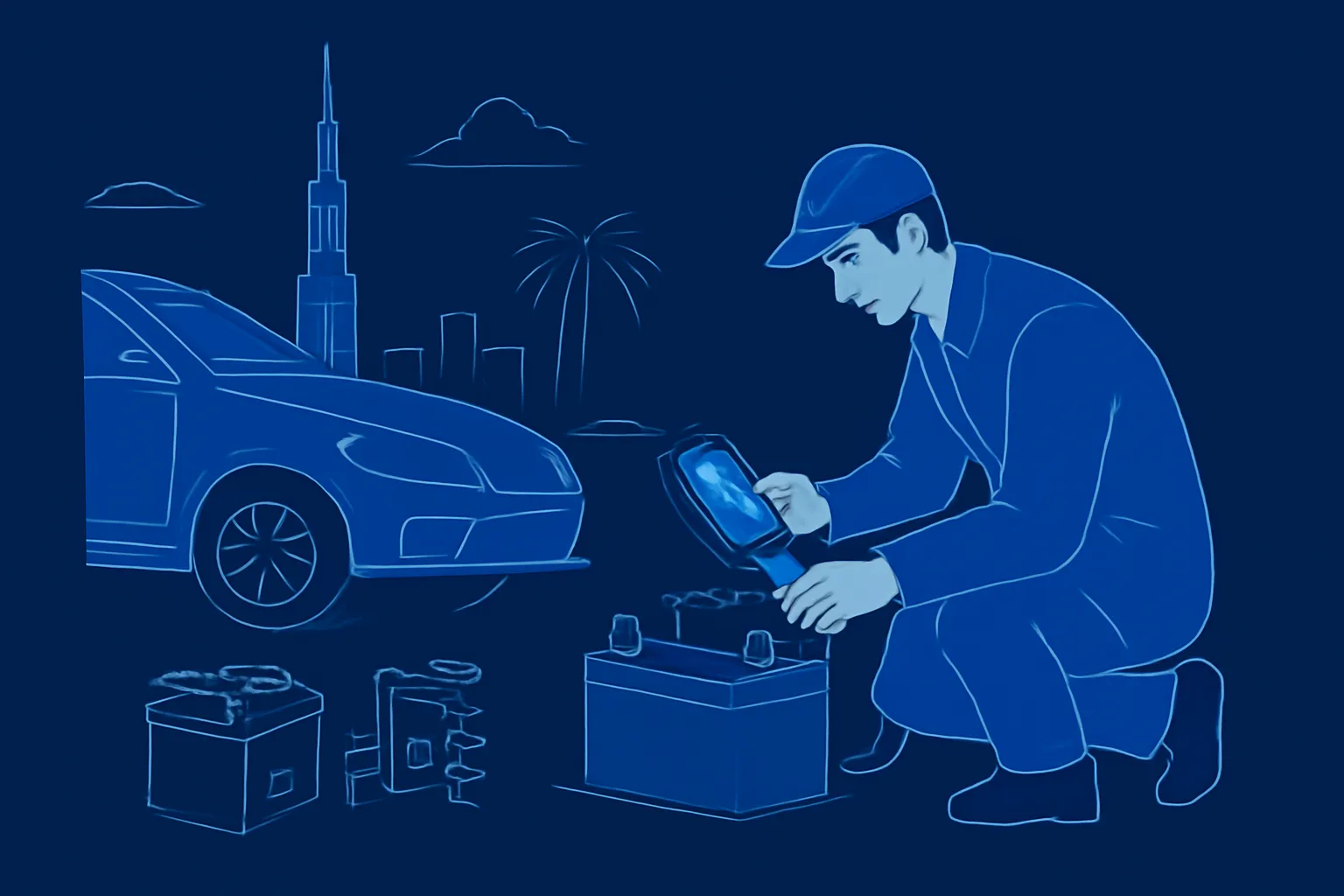 Technician testing a car battery beside a parked vehicle in Dubai