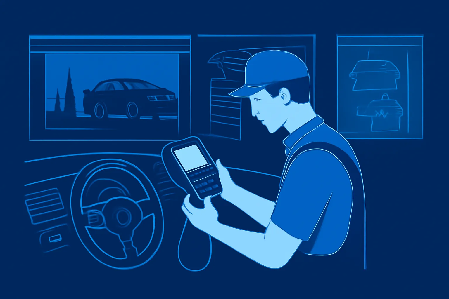 Technician connecting a diagnostic scanner to a car dashboard in a Dubai workshop
