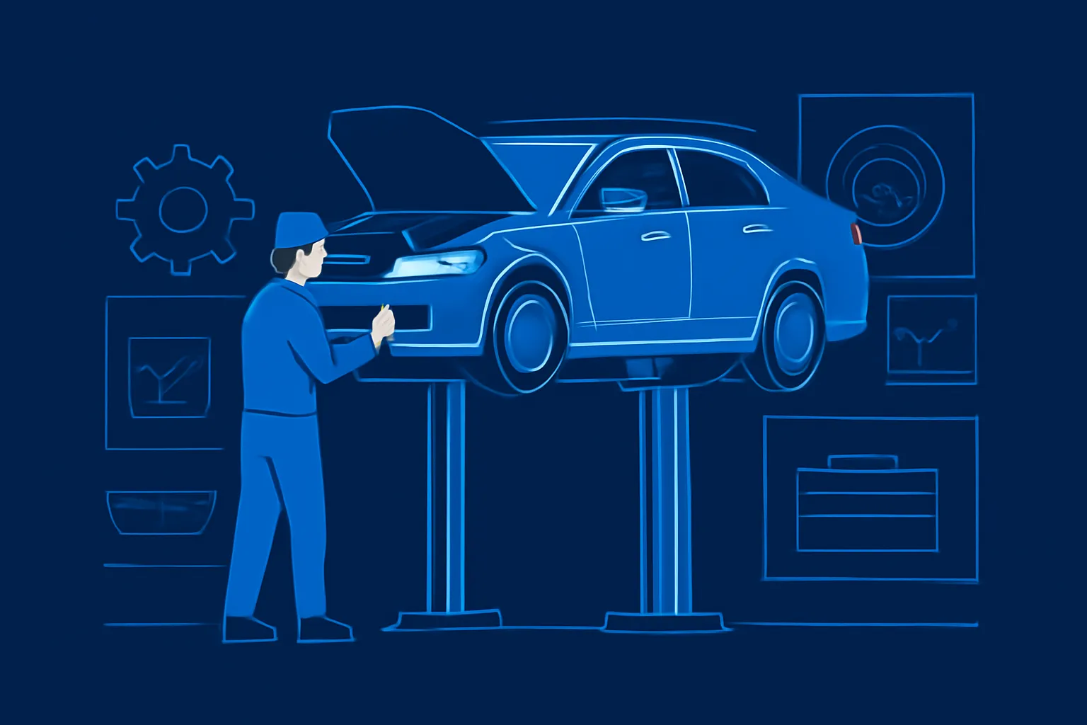Technician inspecting a car on a lift in a Sharjah workshop