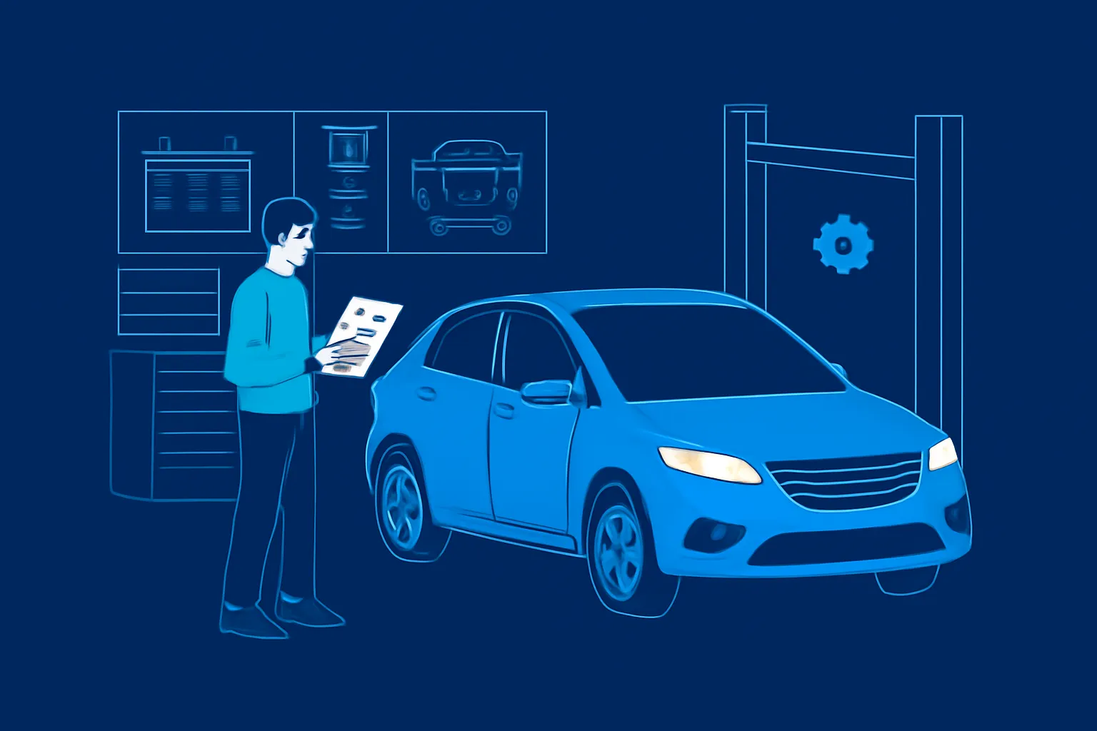 UAE driver comparing a car maintenance estimate beside a vehicle at a clean workshop