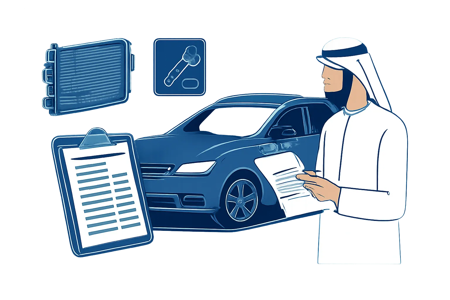 UAE driver reviewing an itemised radiator repair estimate beside a parked car