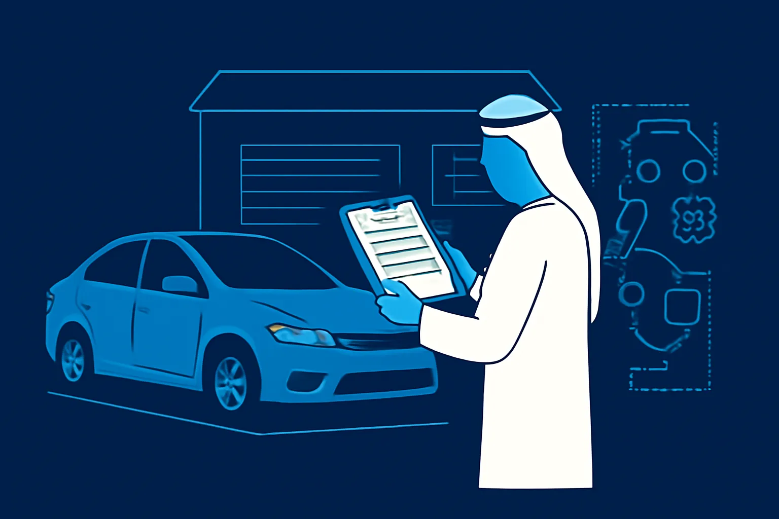 UAE driver reviewing a written garage deposit and repair quote beside a parked car
