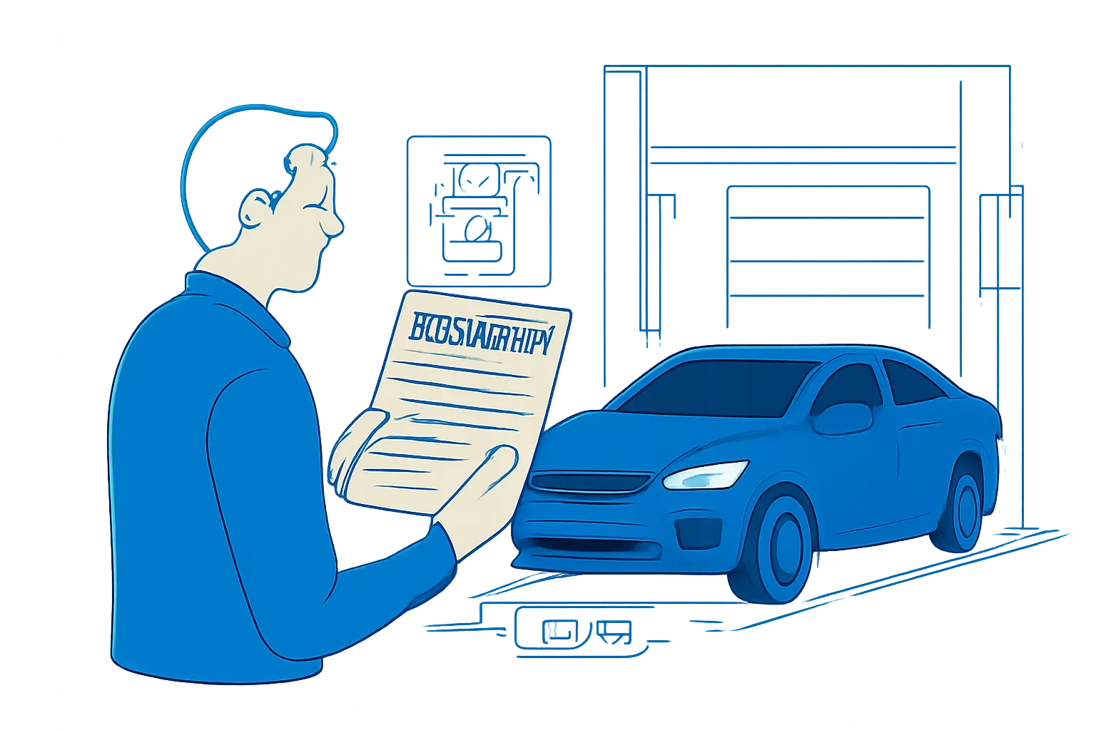 Driver comparing a repair warranty document beside a car at a UAE workshop
