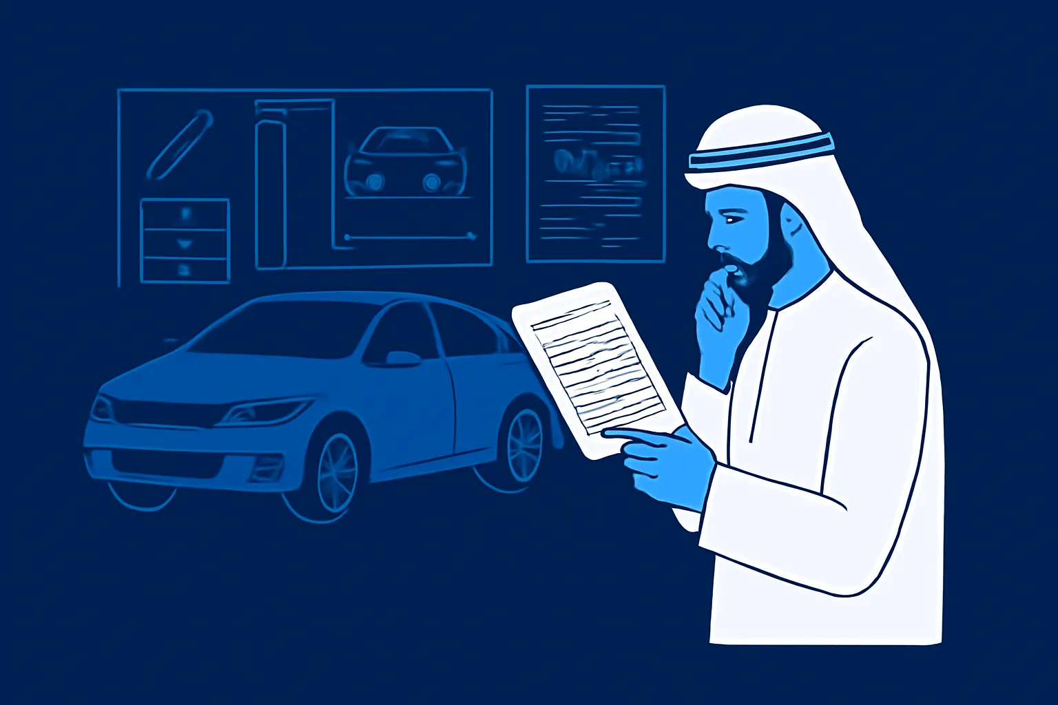 UAE driver comparing an itemised repair quote beside a car at an independent workshop