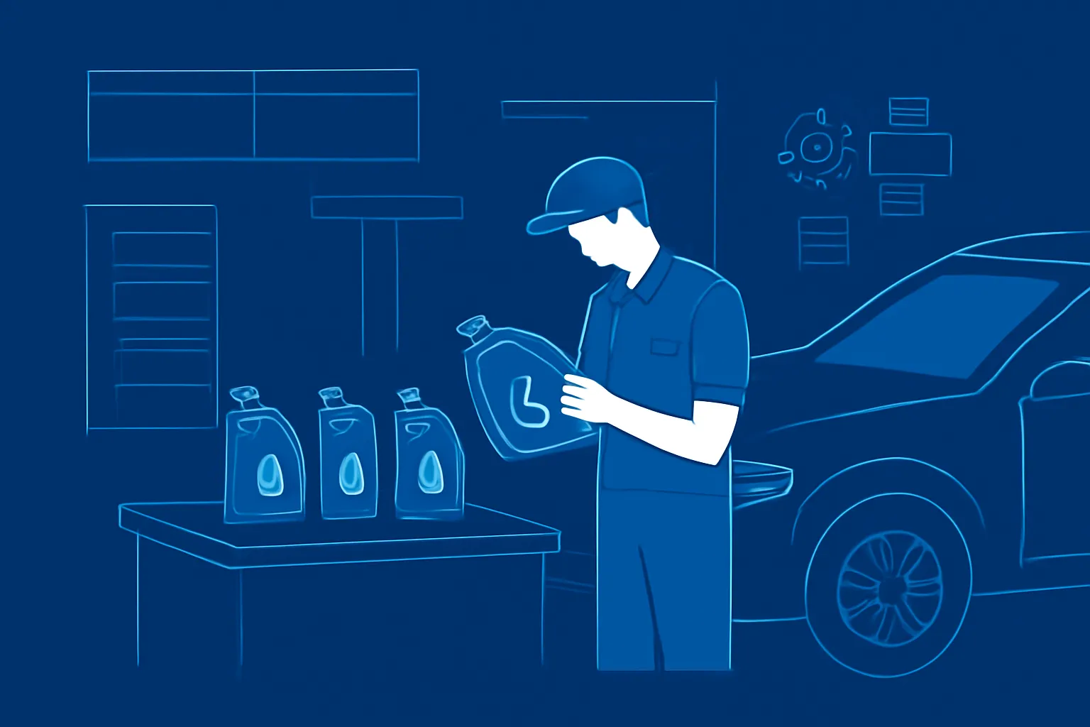 Technician checking sealed engine oil containers beside a car in a Dubai workshop