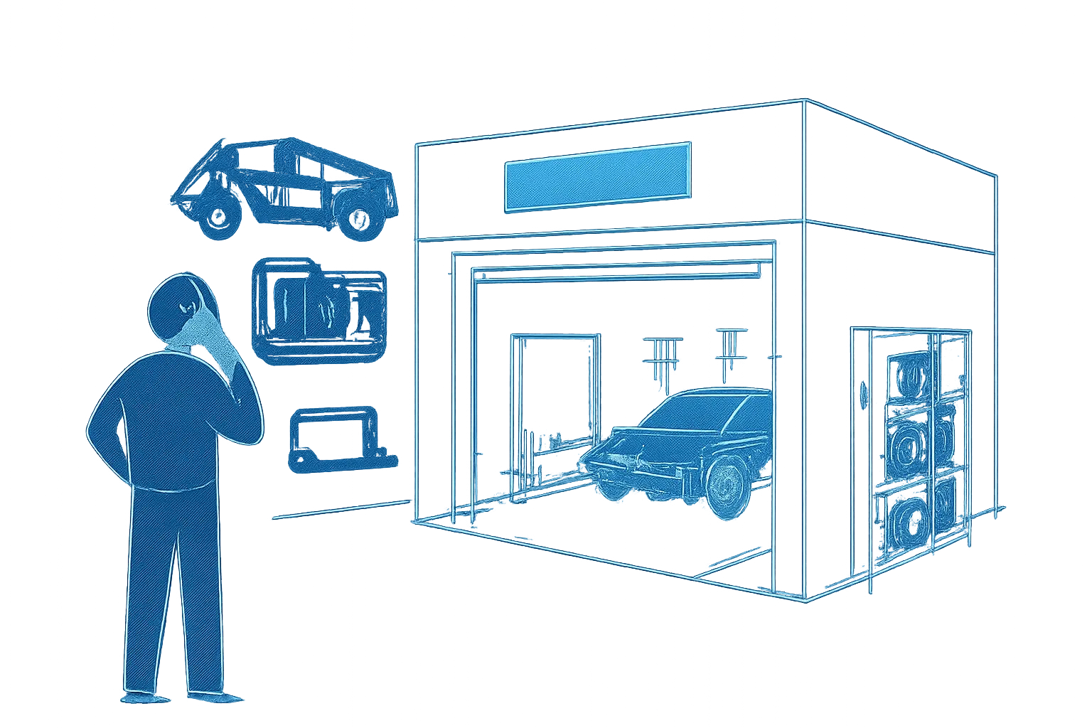 Driver inspecting a UAE garage entrance, work bays and vehicle storage area before booking