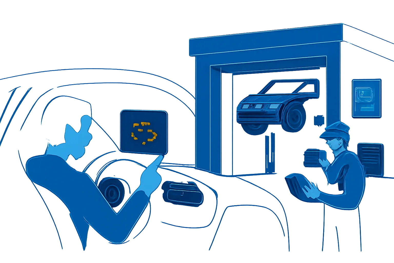 Driver checking a dashboard engine warning beside a UAE workshop service bay
