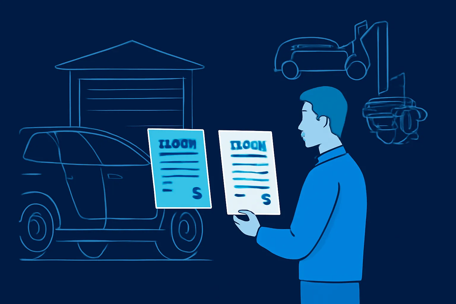 Driver comparing two written Dubai garage service quotes beside a parked car