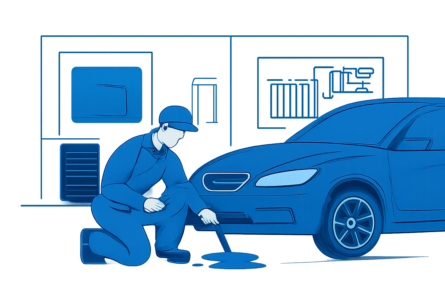 Technician inspecting a coolant leak beside a parked car in a UAE workshop