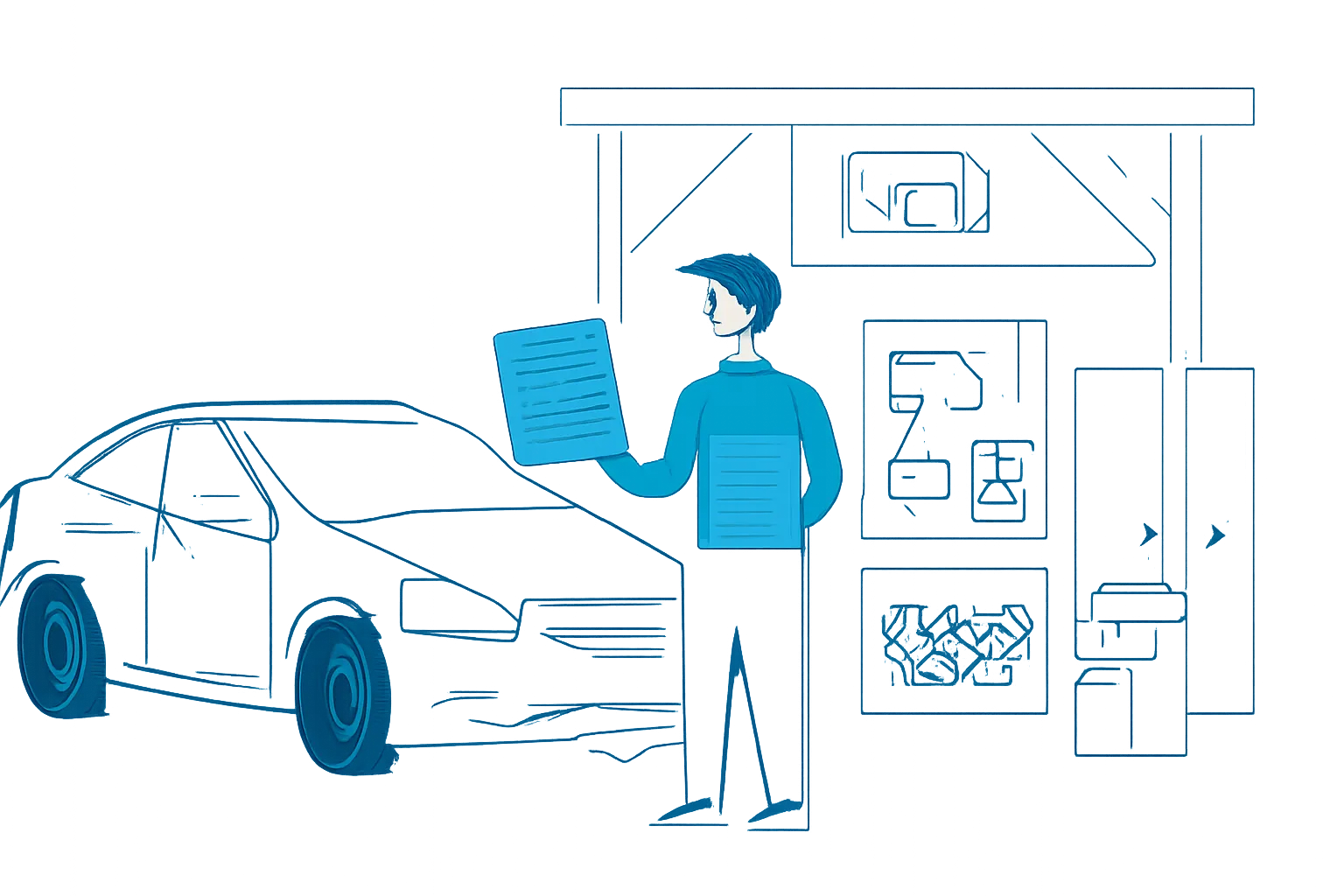 Driver comparing diesel garage quotes beside a car in a UAE workshop area