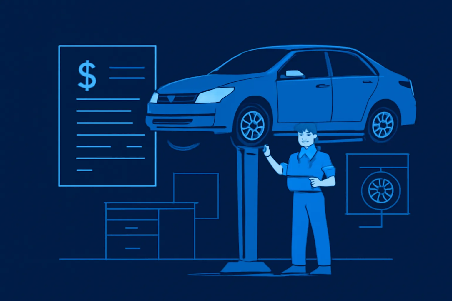 Mechanic checking a Dubai car on a lift beside a written labour estimate