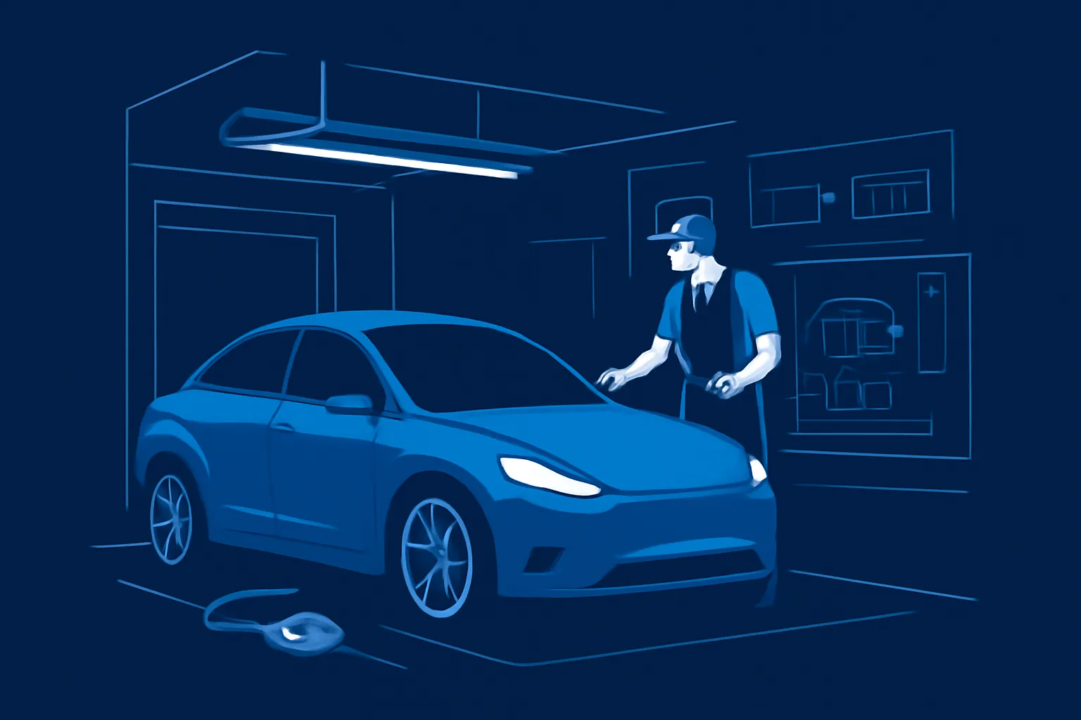 Electric car being inspected at a UAE workshop beside a charging cable