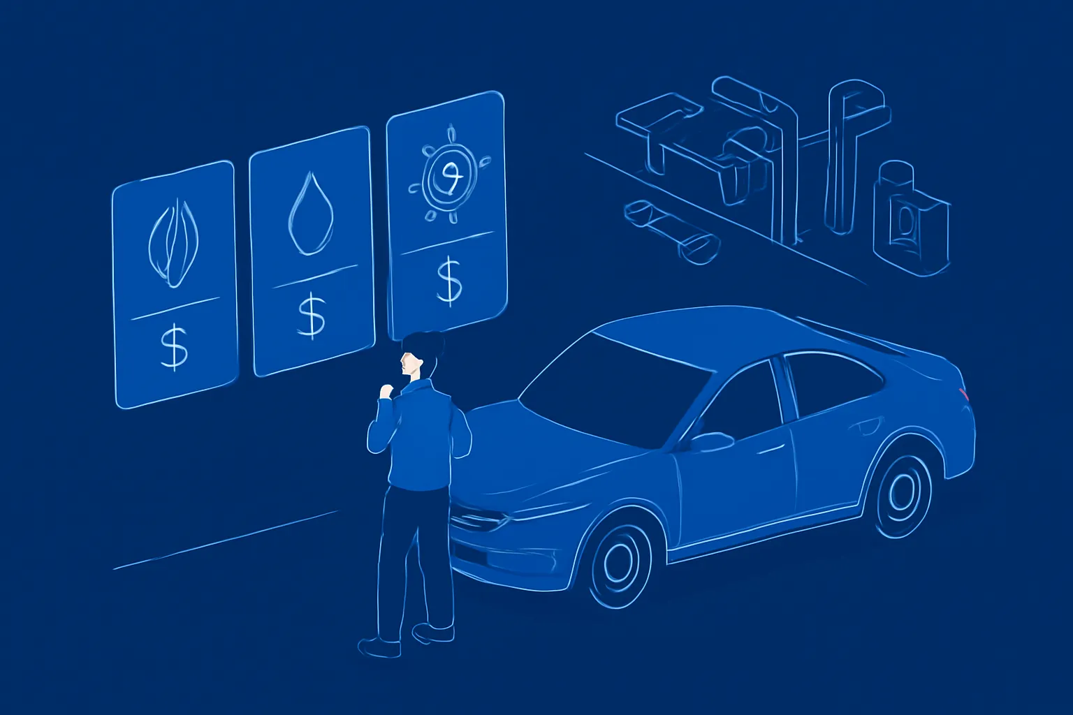 Driver comparing ENOC, ADNOC and independent garage oil change quotes beside a parked car