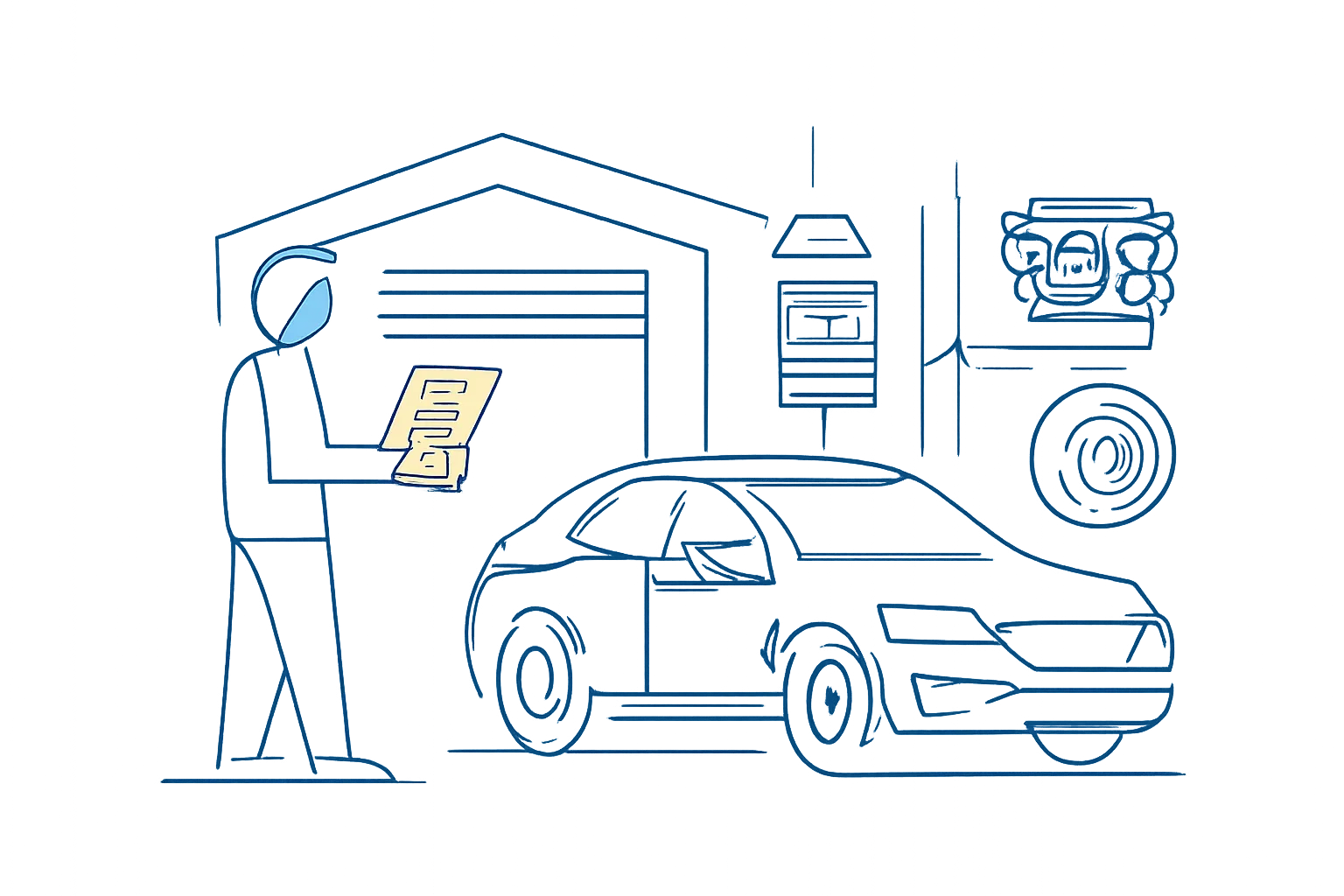 Driver compares a garage loan car agreement beside a vehicle awaiting repair
