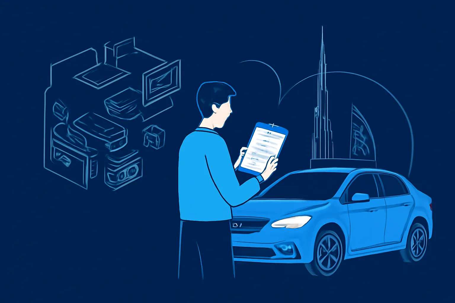 Driver reviewing a written garage diagnostic quote beside a parked car in Dubai