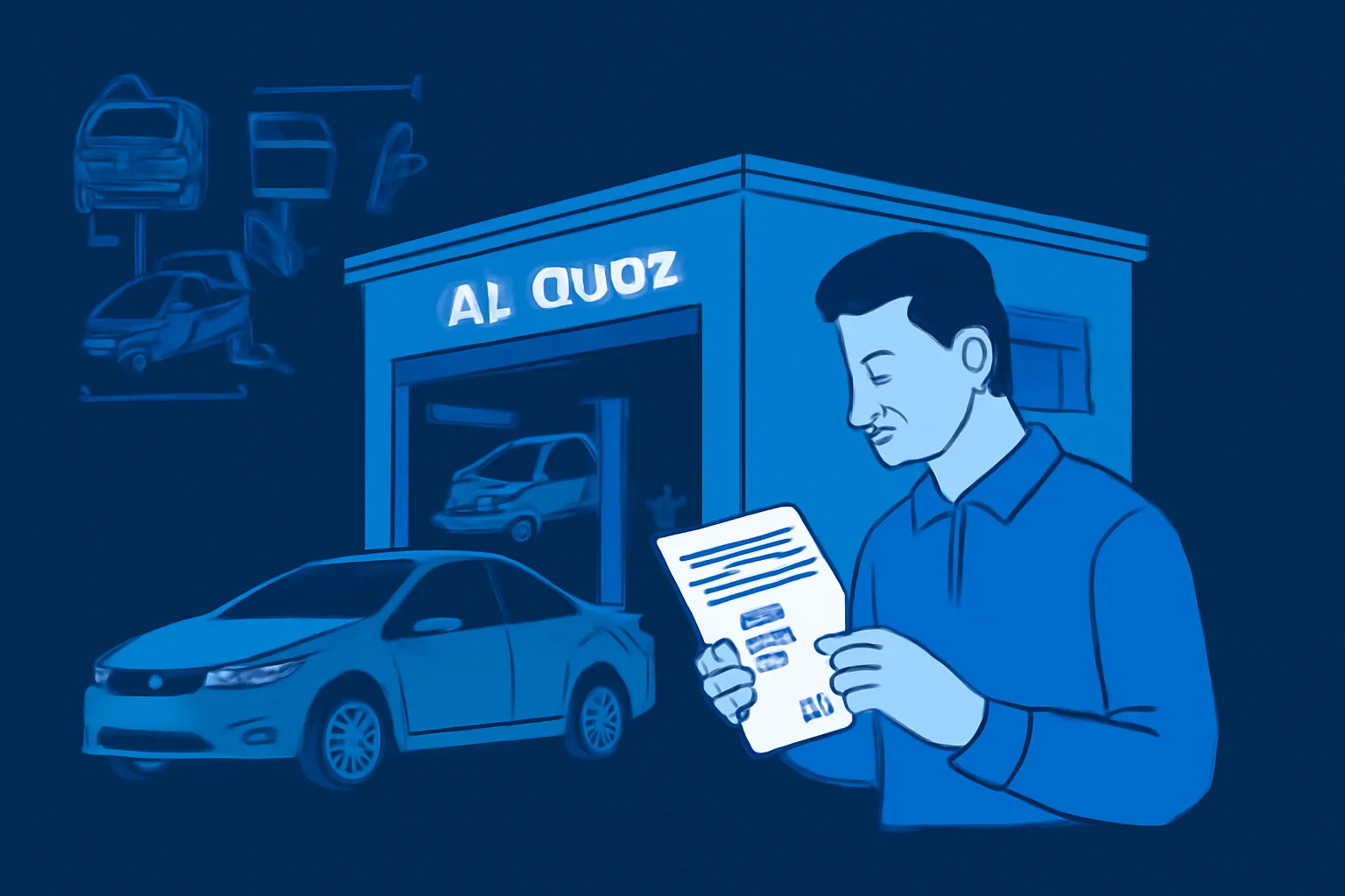 Driver checking a written repair quote beside a car outside an Al Quoz workshop
