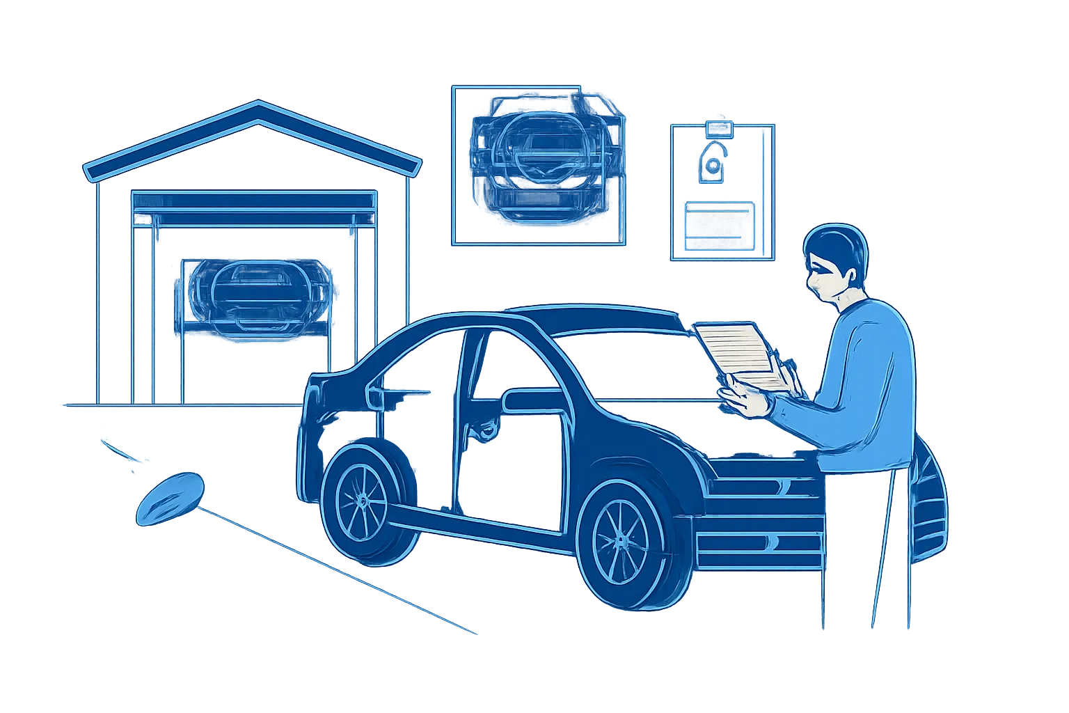 Driver comparing lease documents and garage quotes beside a parked UAE car