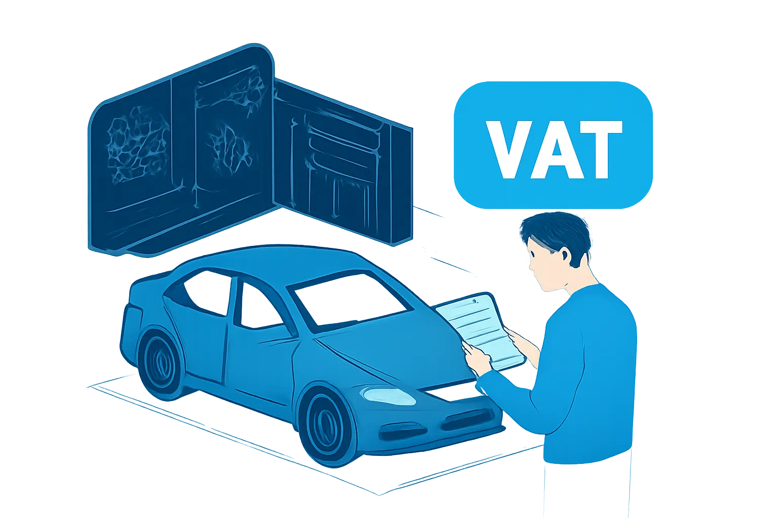 UAE driver comparing garage quotes with VAT totals beside a parked car