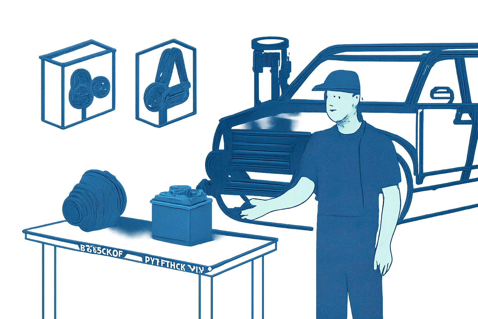 Mechanic comparing genuine and aftermarket car parts beside a UAE vehicle