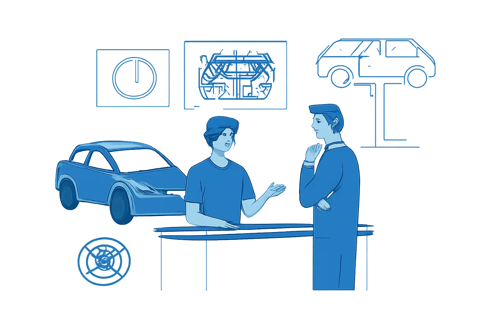 UAE driver comparing car repair completion times beside a workshop service desk