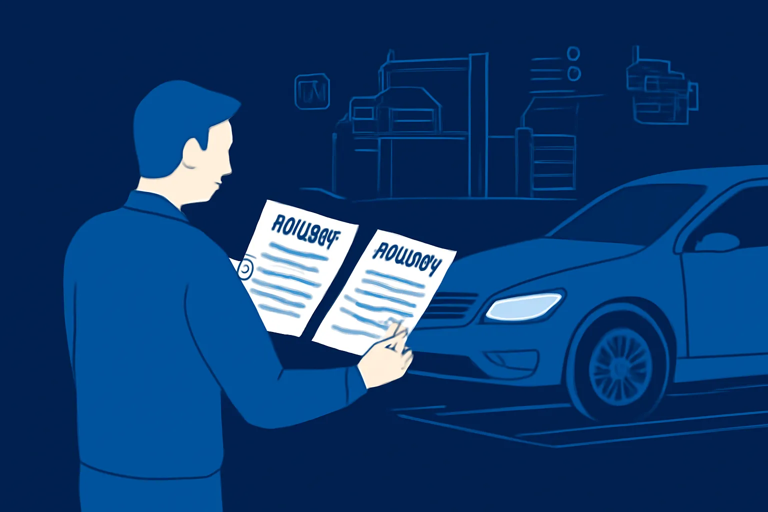 Driver comparing dated garage quotes beside a car in a UAE workshop