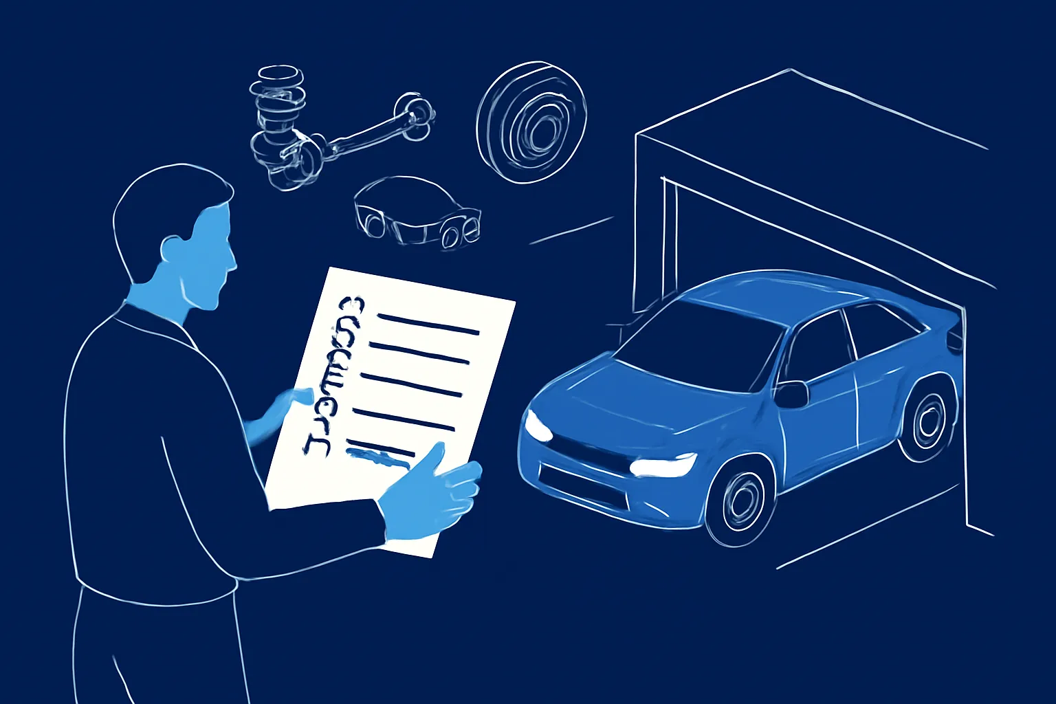 Dubai driver reviewing an itemised car maintenance quote beside a workshop vehicle