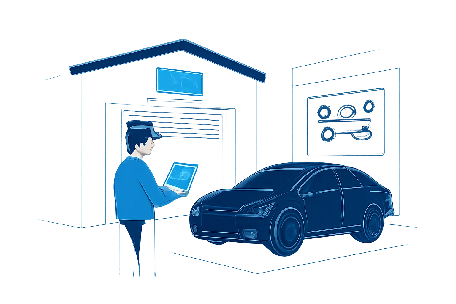 Driver checking a garage licence beside a UAE workshop entrance and parked car