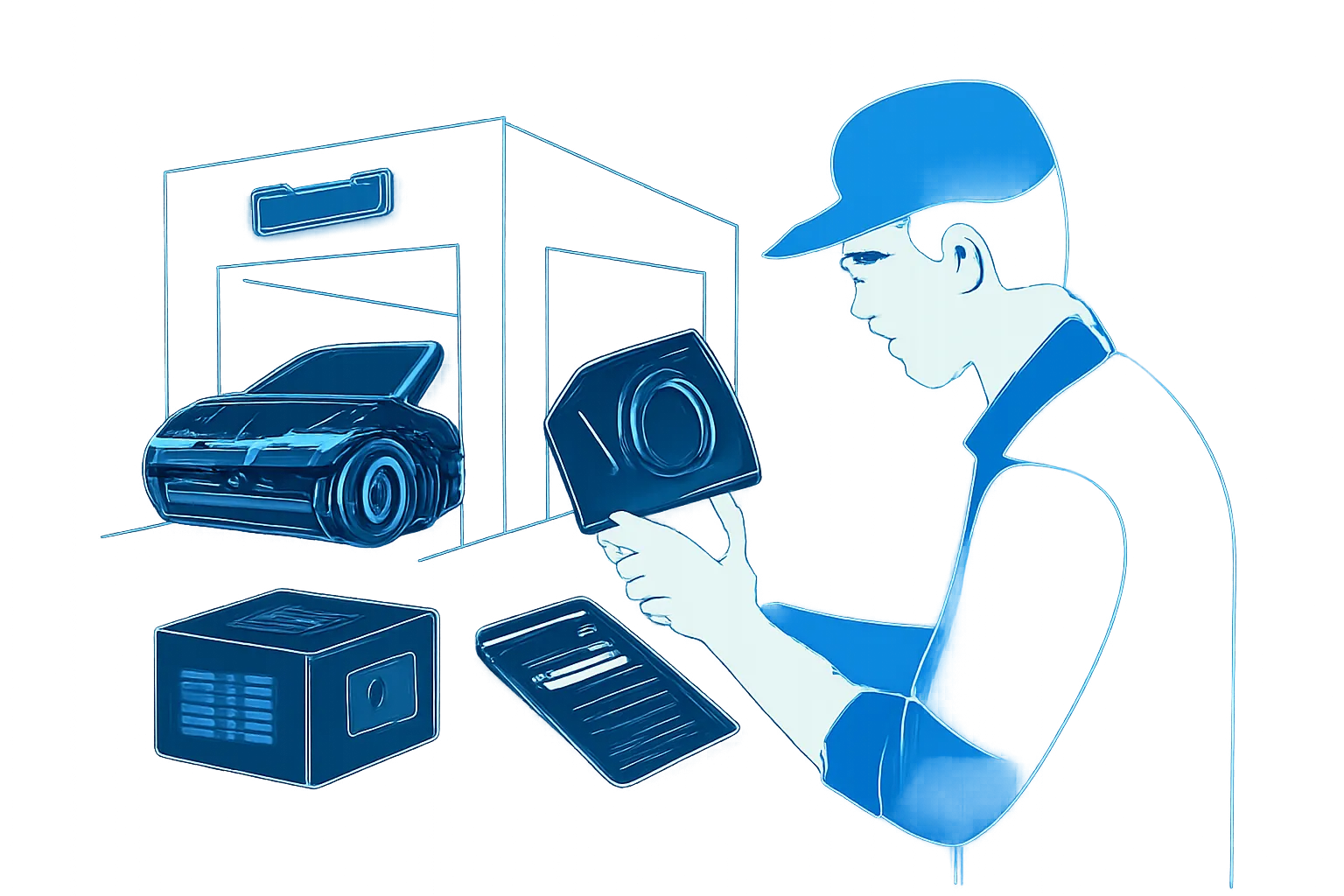 Driver checks a labelled car part and supplier paperwork beside a UAE garage vehicle