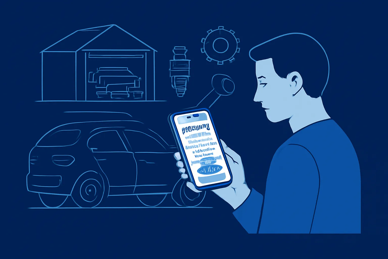 UAE driver comparing garage reviews and repair quotes on a phone beside a parked car