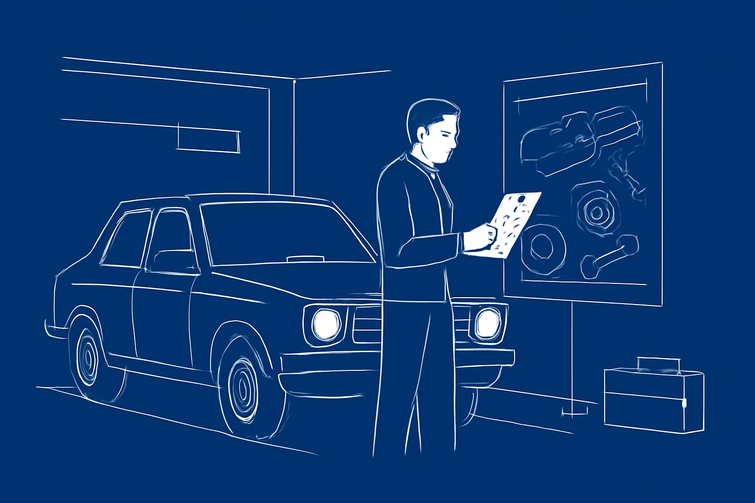 Driver comparing written repair plans beside an older car at a UAE garage