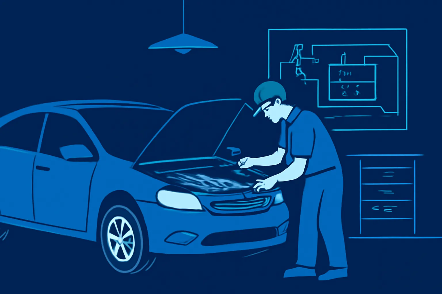 Technician inspecting a hybrid car near its battery system in a UAE workshop
