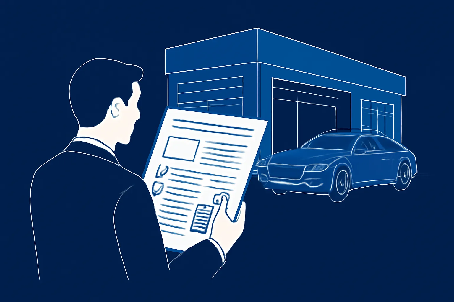 Luxury car owner reviewing a detailed workshop quote beside a service centre