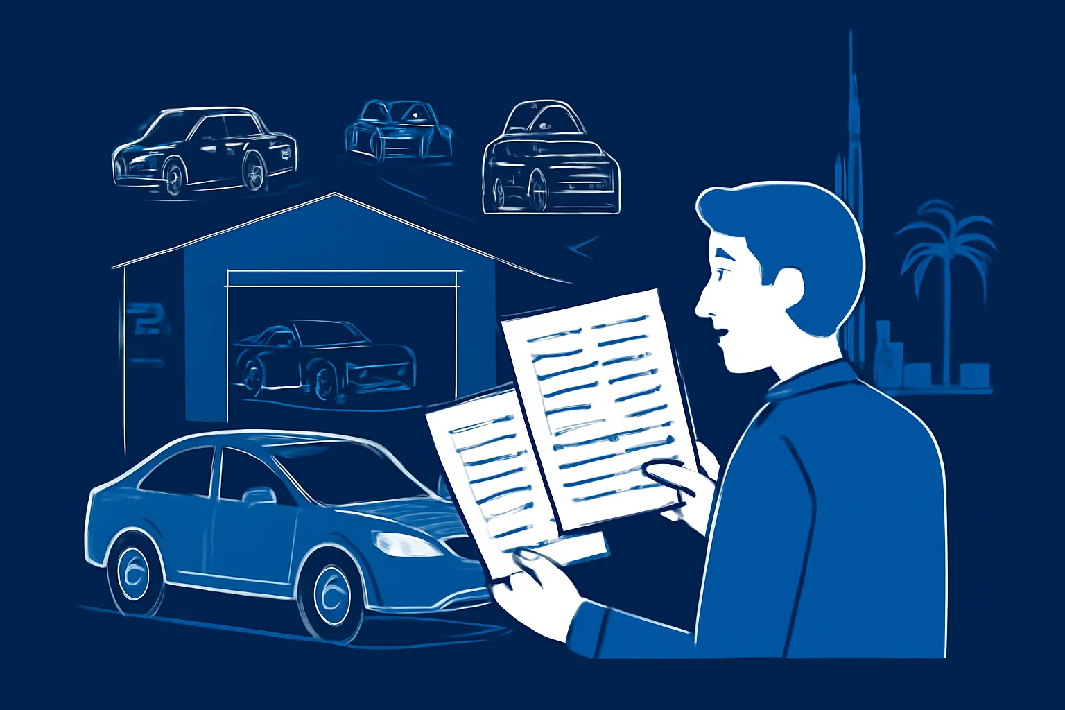 Driver comparing two itemised garage quotes beside a car in Dubai