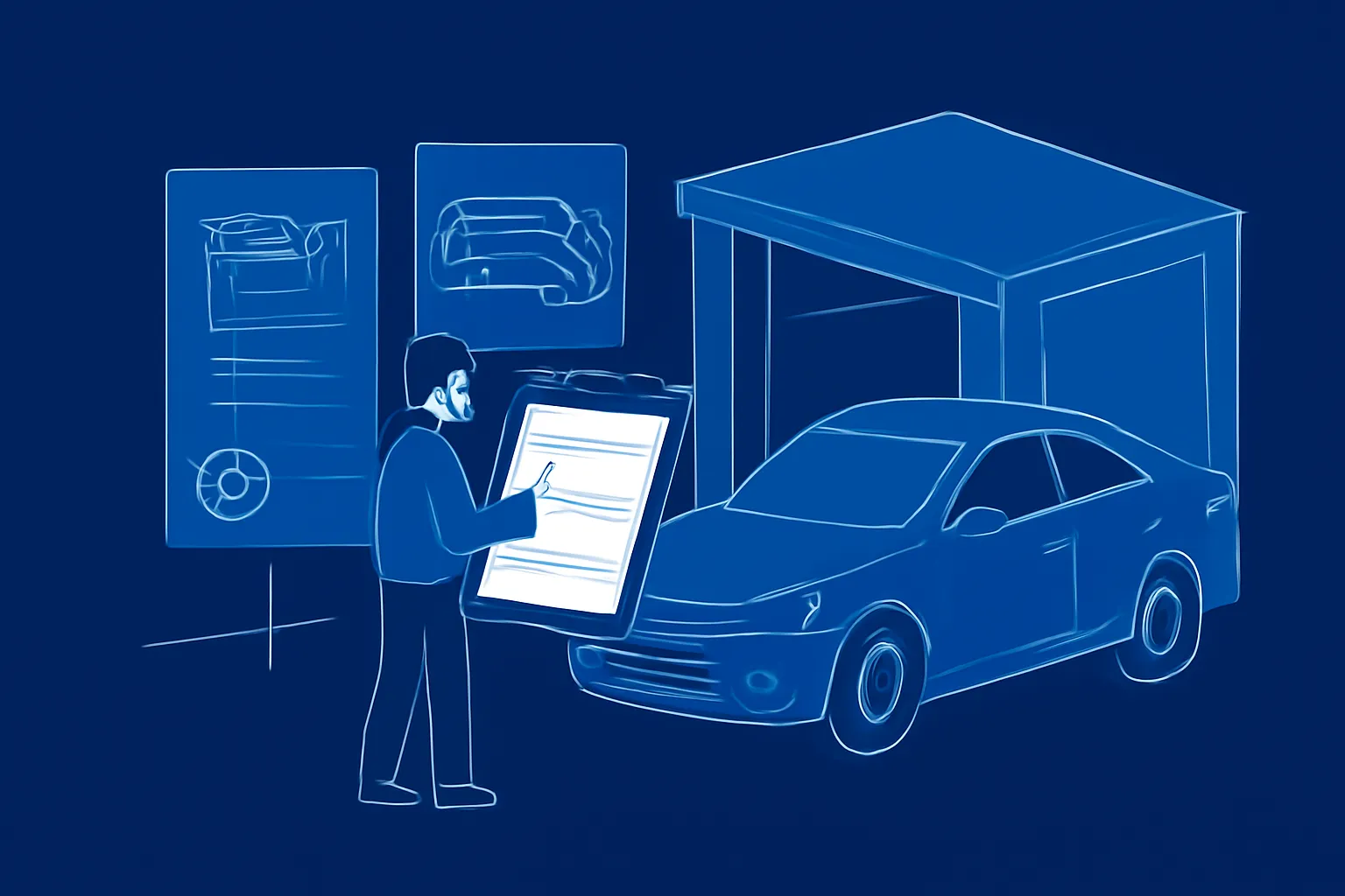 Driver compares oil-change quote details beside a car at a UAE workshop