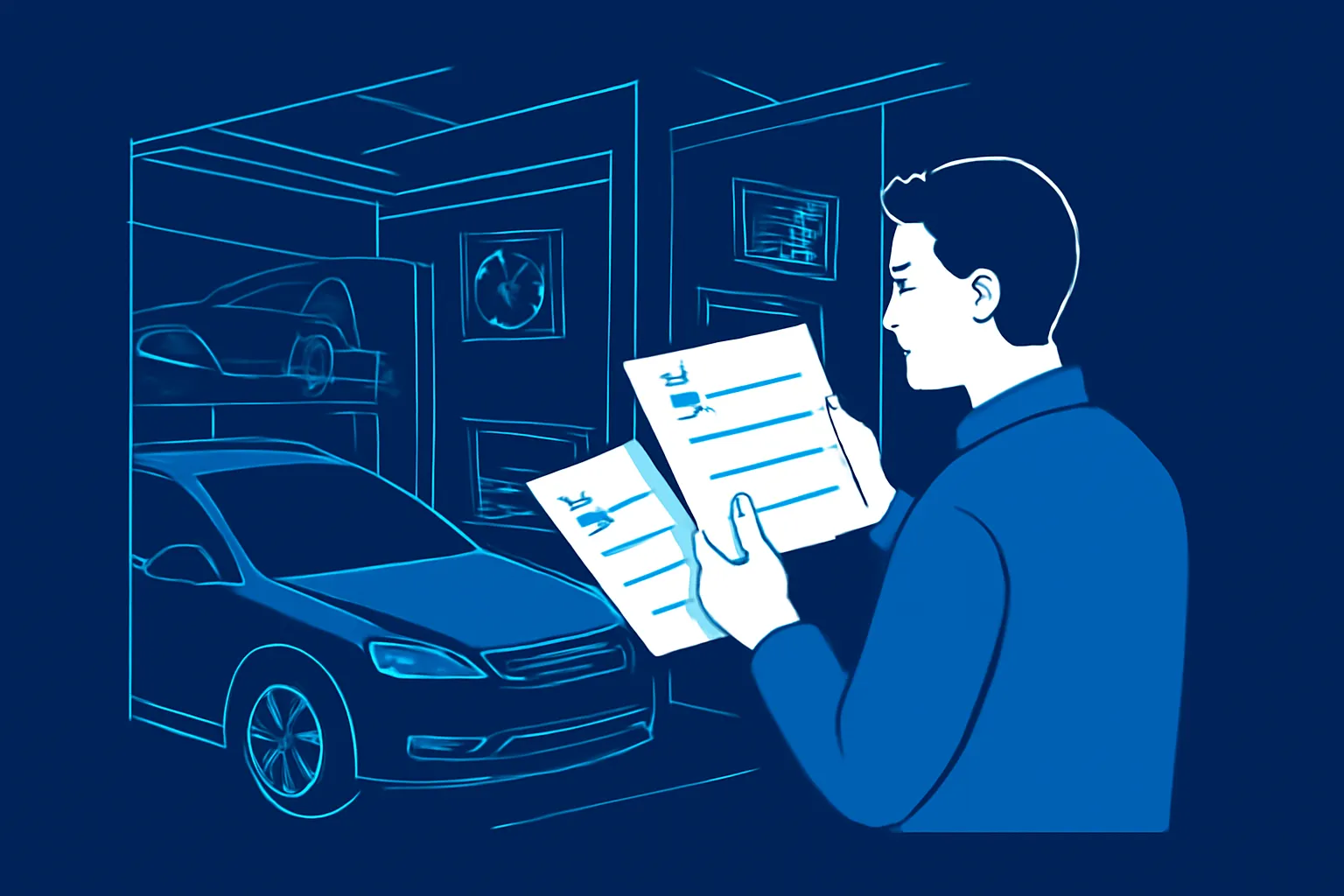 UAE driver comparing brand-specific garage quotes beside a car in a workshop